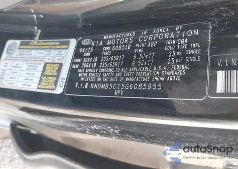 2016 Kia Sedona Lx z USA, uszkodzony, nr VIN KNDMB5C15G6085955